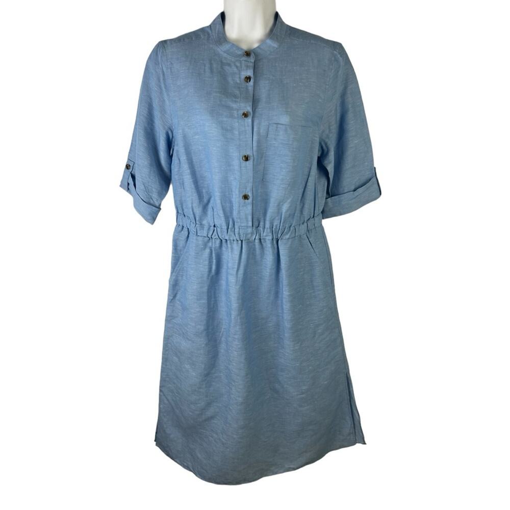 Ann Taylor Linen Cotton Shirt Dress Light Blue Tab Sleeves Pockets sz 10